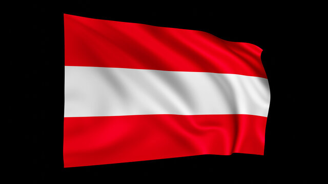 The flag of Austria isolated on black, realistic 3D wavy Austrian flag render illustration.