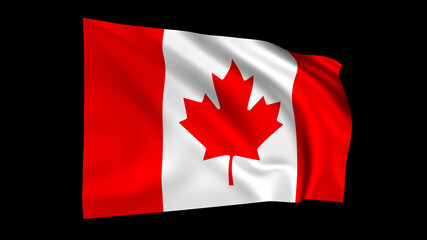 The flag of Canada isolated on black, realistic 3D wavy Canadian flag render illustration.