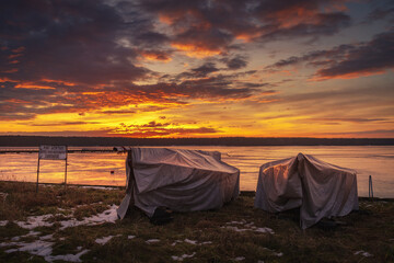 boats on the lake shore in winter, the Zemborzycki lake Lublin