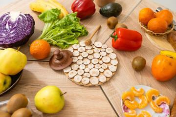 healthy foods are on the table in the kitchen