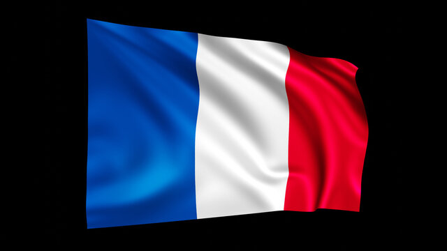 The flag of France isolated on black, realistic 3D wavy French flag render illustration.