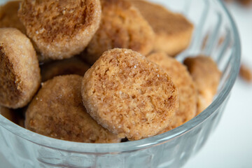 Homemade cookies are in a bowl. Close-up