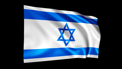 The flag of Israel isolated on black, realistic 3D wavy Israeli flag render illustration.