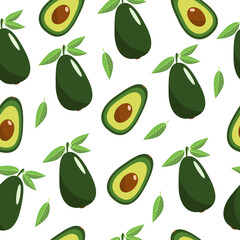 Avocado and green leaves, seamless pattern.Green avocado seamless pattern. Half an avocado. Vector illustration of avocado