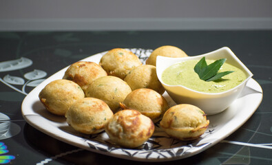 Indian Home Made Recipe 'Aappe' with Green Chatni. Specialty Of South Indian Food
