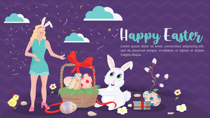 Happy Easter message greeting Girl stands next to a basket of colored eggs and a rabbit vector illustration banner for holiday design decoration purple background