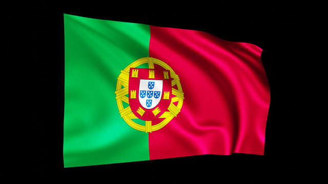 The flag of Portugal isolated on black, realistic 3D wavy Portuguese flag render illustration.