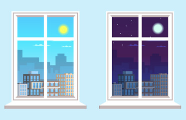 Two windows overlooking the city.  Night and day city.Window day time view. Day and night city concept.Flat style illustration.
