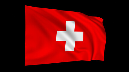 Obraz premium The flag of Switzerland isolated on black, realistic 3D wavy Swiss flag render illustration.