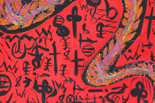 Painting of a snake on a red background with hieroglyphs. A beautiful and dangerous poisonous snake symbolizes the secrets that it guards. Illustration of encrypted inscriptions, a mysterious message