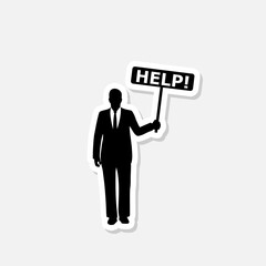 Business man holding help sign sticker