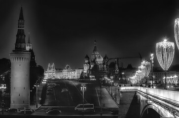 city skyline at night in Moscow B&W