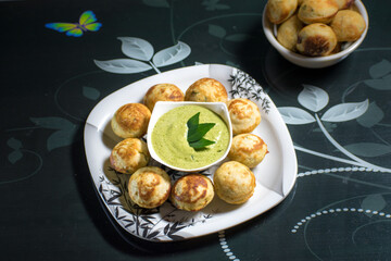 Indian Home Made Recipe 'Aappe' with Green Chatni. Specialty Of South Indian Food