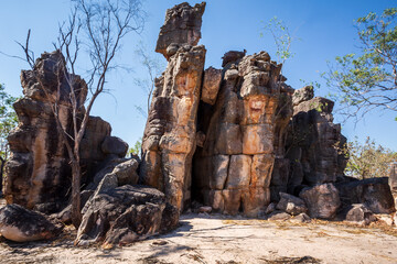 Landscape view of sandstone formations reminisicent of derelict buildings in the Lost City, Litchfield National Park, Northern Territory, Australia.