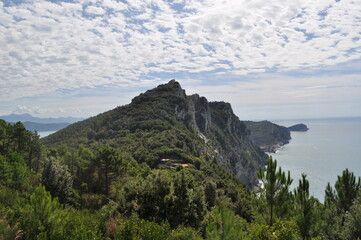 Fototapeta na wymiar View from the mountains along the coastine near Portovenere in Italy