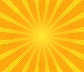 Obraz premium Pop art background. Comic pattern with starburst and halftone. Cartoon retro sunburst effect with dots. Yellow banner. Vintage sunshine texture. Vector illustration.