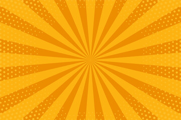 Pop art background. Comic pattern with starburst and halftone. Cartoon retro sunburst effect with dots. Yellow banner. Vintage sunshine texture. Vector illustration.
