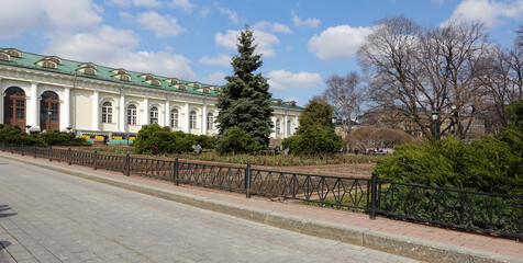Moscow, Russia. April 14, 2019 Building of the Central Exhibition Hall Manege from the side of...