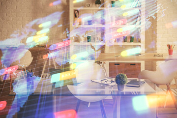 Multi exposure of data theme drawing and office interior background. Concept of technology.