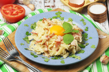 A plate with traditional pasta carbonara