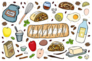 Viennese strudel isolated on white background recipe and ingredients. Doodle style.