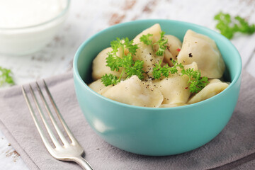 Russian national dish pelmeni served in a plate
