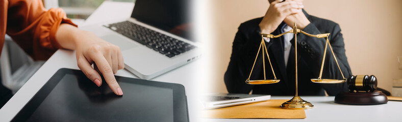 justice and law concept.Male judge in a courtroom on wooden table and Counselor or Male lawyer...