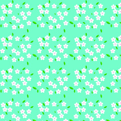 Flora pattern. Green leaves and cherry flowers. on a blue background. Factory textiles. Baby clothes. Linens. Gift paper.