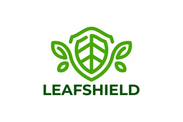 illustration of shield and leaf. nature logo vector with monoline style.
