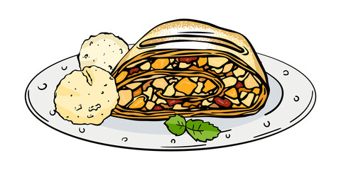Hand drawing traditional viennese strudel with leafs mint and balls vanilla ice cream. Doodle sketch style.