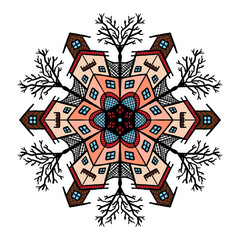 houses and trees mandala hand drawn