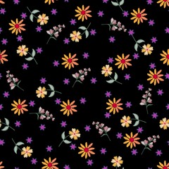 Fototapeta na wymiar Seamless pattern with embroidery flowers on black background. Print for fabric, textile, wrapping paper.