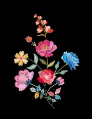 Embroidered bouquet with colorful flowers on black background.