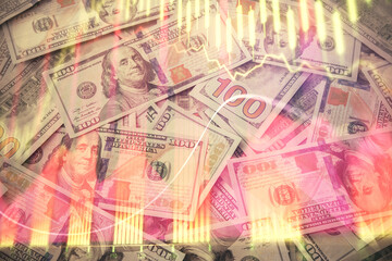 Obraz na płótnie Canvas Multi exposure of forex chart drawing over us dollars bill background. Concept of financial success markets.