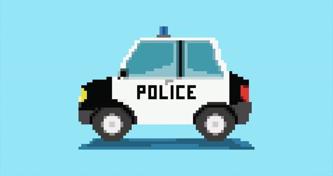 Animation of police car. Vector Pixel art 8 bit 