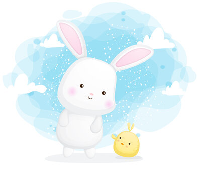 Cute bunny and chicks cartoon character Premium Vector