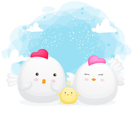 Cute happy family chicken cartoon illustration Premium Vector