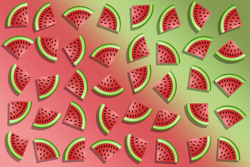 Background illustration of slices of watermelon on  pink and green graduated background