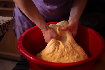 Fototapeta premium housewife kneading the dough by hand. preparation of the recipe for traditional Romanian homemade cakes known as cozonac