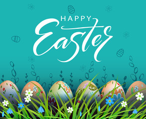 Easter blue composition, multi-colored eggs in the grass with flowers