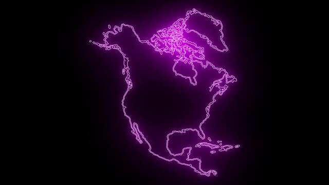 Neon Map of north America , north America outline, Animated close up map of north America