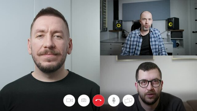 online video chat interface. Video conferencing in one of the applications - messengers. Friends of a man are talking to each other.