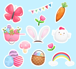 Happy easter day stickers collection and easter's elements Premium Vector