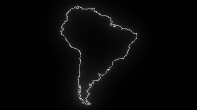 Neon Map of South America, South America outline, Animated close up map of South America