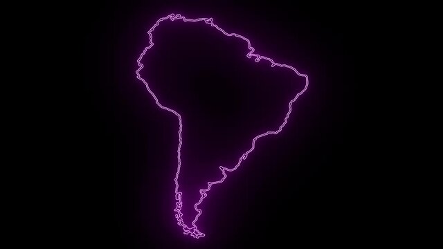 Neon Map of South America, South America outline, Animated close up map of South America