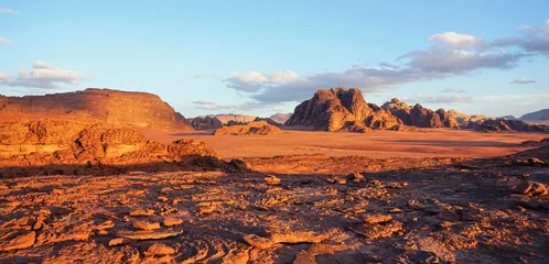 Printed kitchen splashbacks orange glow Red Mars like landscape in Wadi Rum desert, Jordan, this location was used as set for many science fiction movies