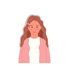 Smiling girl portrait in casual clothing in cartoon flat style. Kid avatar isolated on white. Happy teenager. Vector illustration character profile.