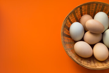 Organic chicken eggs in wicker basket on red background with copy space.