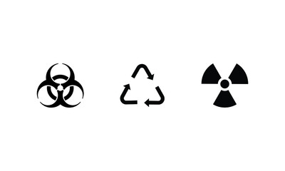 icon collection set of biohazard, recycle, and danger logo edition in simple black and white style. shapes elements isolated on white background in logo design vector.
