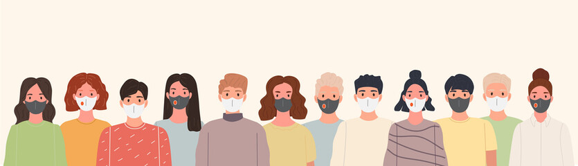 Group of people portrait wearing medical masks to prevent coronavirus disease, world virus pollution. Vector illustration character set in flat style